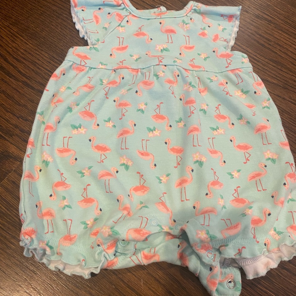 6-9 month one piece, little me, flamingo